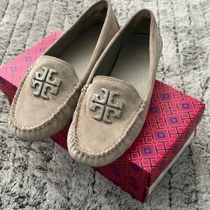 Tory Burch Tan Suede Loafers with Logo